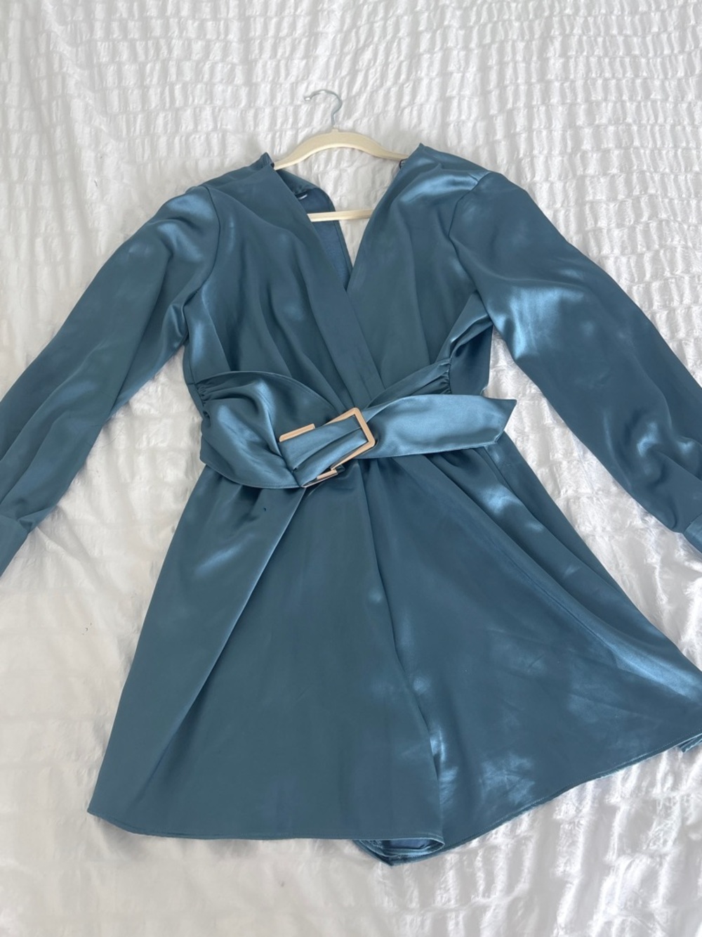 Teal Satin Wrap Romper with Belt